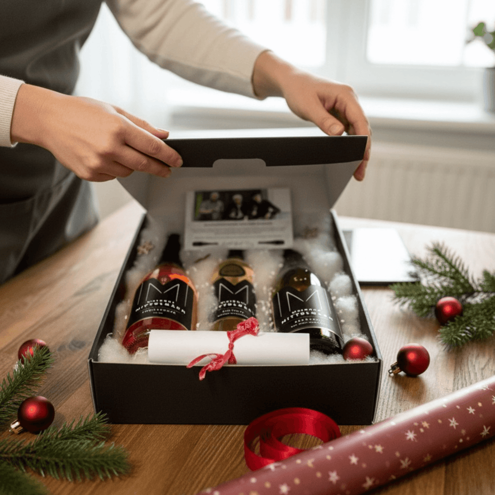 3er Festtags-Genusspaket mit Weinen in festlicher Geschenkbox auf Tisch, perfekt für Weihnachten