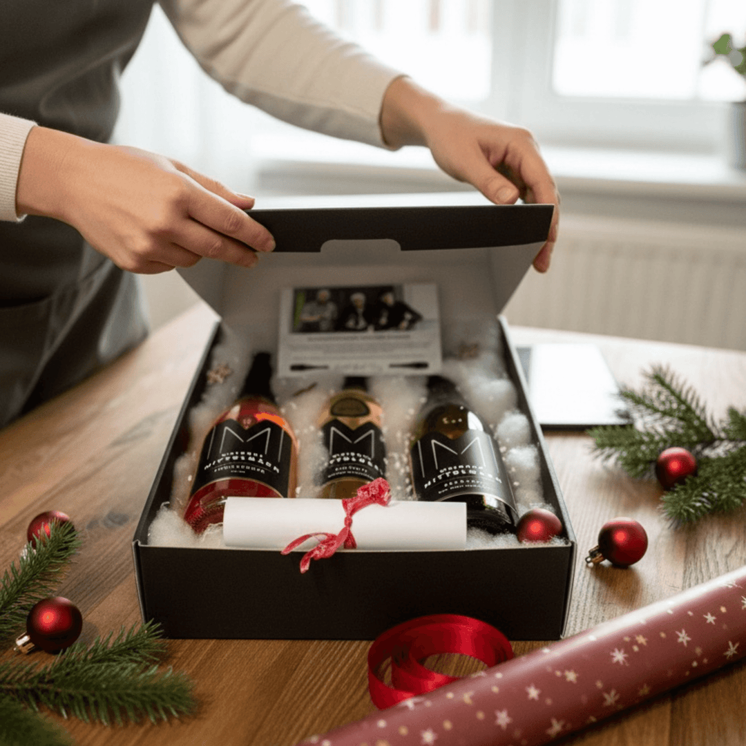 3er Festtags-Genusspaket mit Weinen in festlicher Geschenkbox auf Tisch, perfekt für Weihnachten