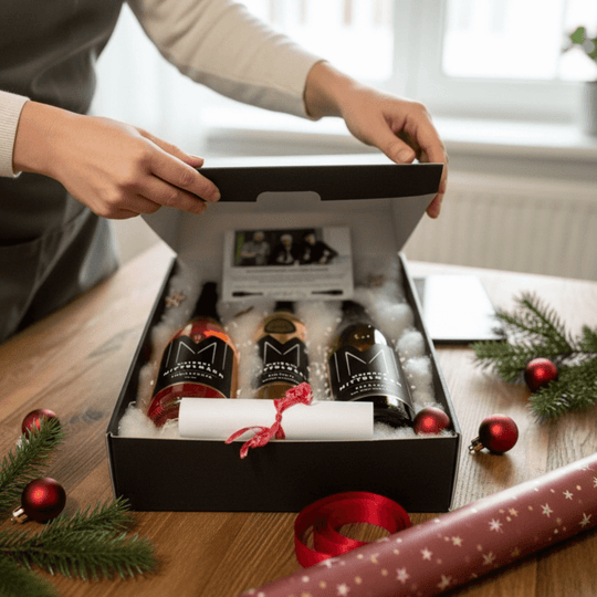 3er Festtags-Genusspaket mit Weinen in festlicher Geschenkbox auf Tisch, perfekt für Weihnachten