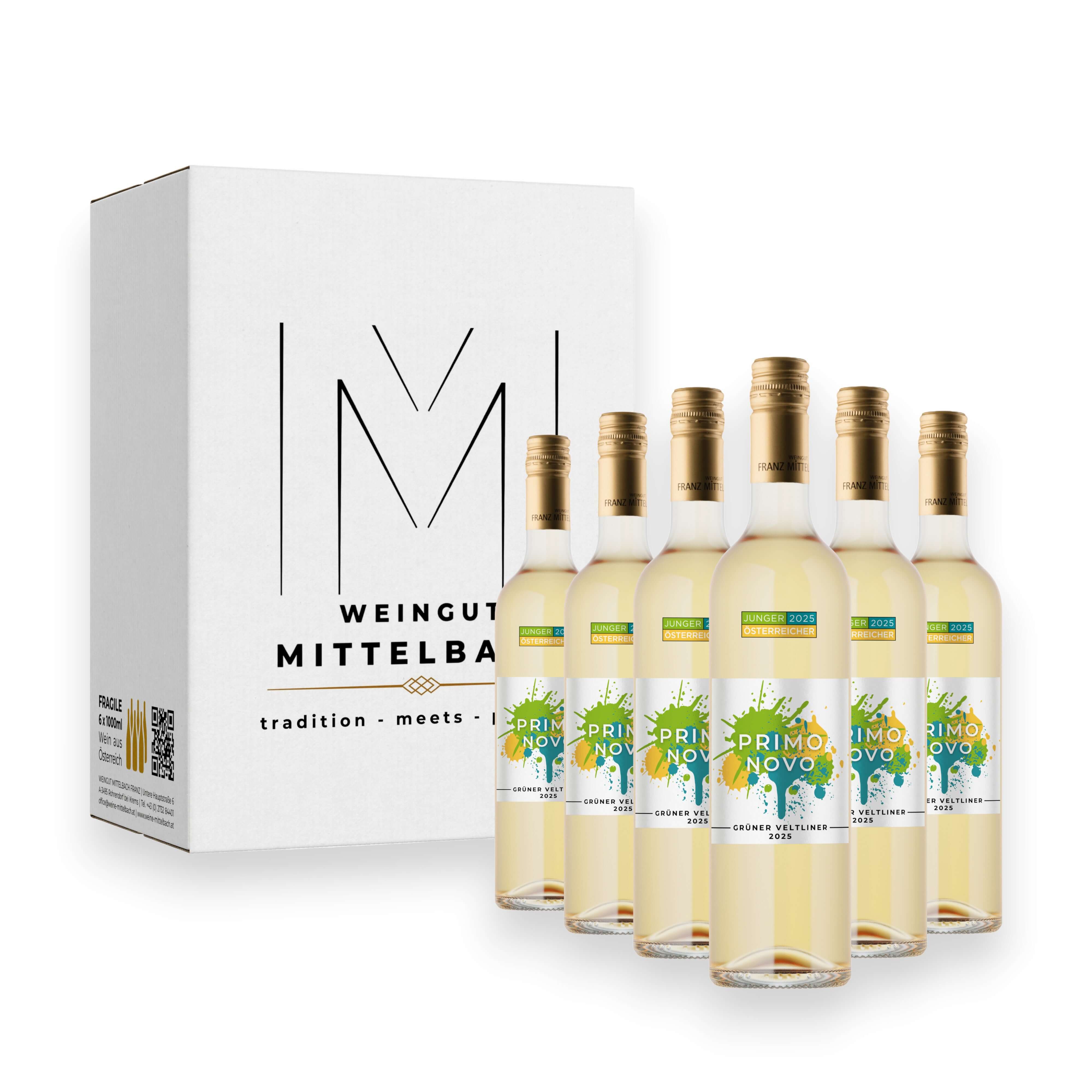 Grüner Veltliner Jungweinpaket "PRIMO NOVO" 2025 mit sechs Flaschen, frischer Wein im Vorteilspaket.