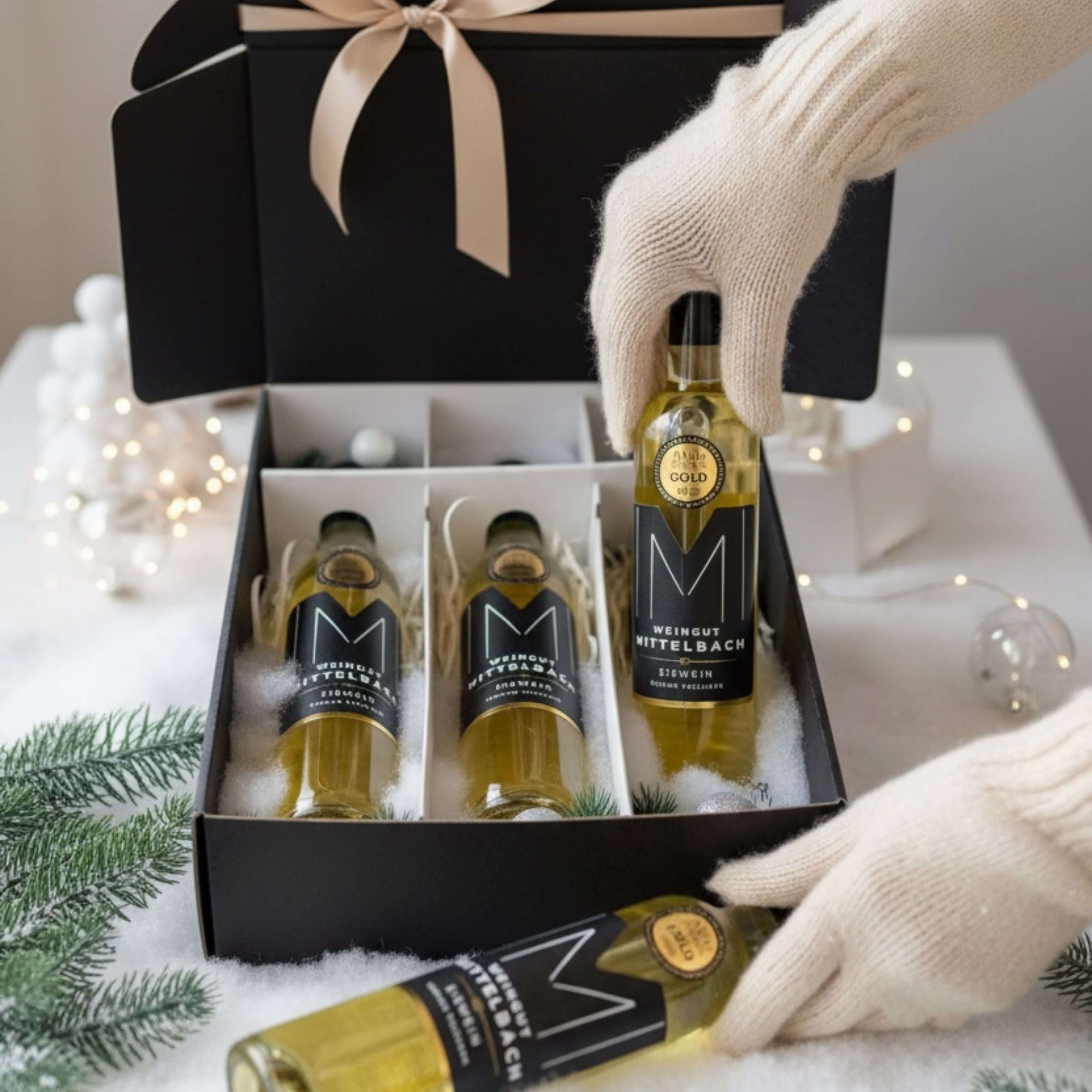 Eiswein 3er Weihnachtspaket mit drei Flaschen im Geschenkkarton und winterlicher Dekoration.
