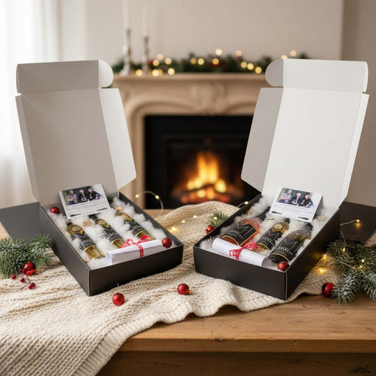 Individuelles 3er Weihnachtspaket in eleganten Boxen auf Tisch vor Kamin, mit ausgewählten Weinen für die Feiertage.